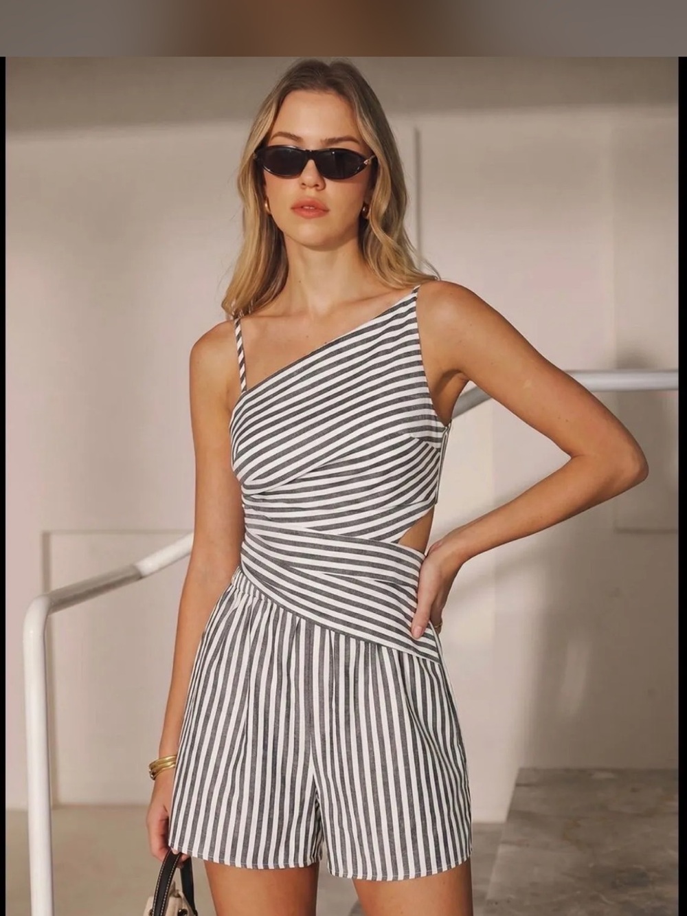 COMMENSE STRIPE COTTON BLEND CUT OUT SHORT SET